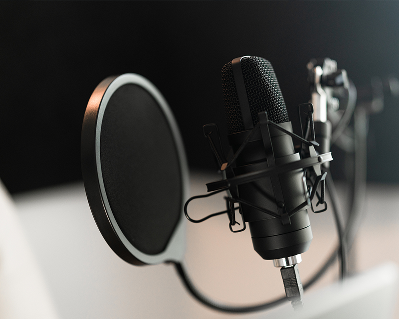 stock image of podcast studio microphone