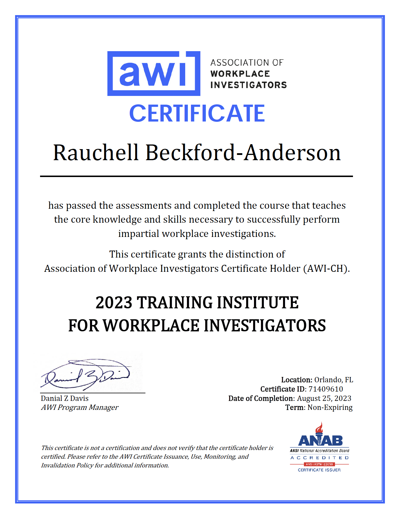 Association of Workplace Investigators Certificate of Training