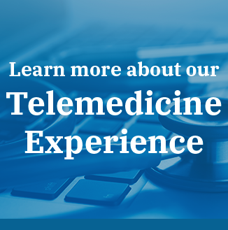 Stock image of computer and stethoscope with text prompt "Learn more about our Telemedicine Experience"