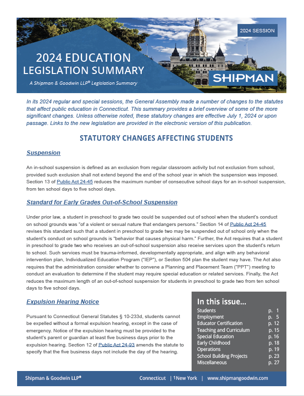 screenshot of cover page of 2024 Education Legislation Summary