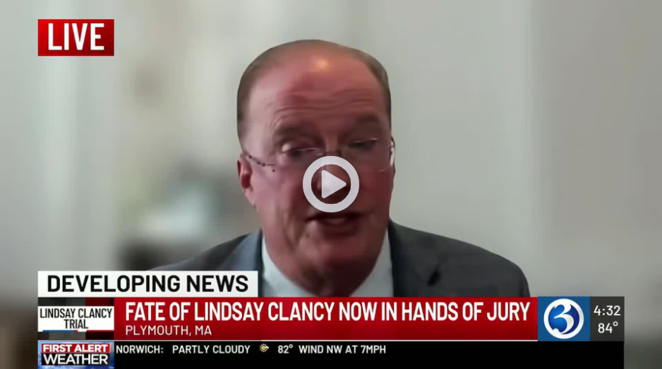 Screenshot of attorney Jim Bergenn speaking on WFSB Channel 3 Eyewitness News on August 28, 2026, discussing the Lindsay Clancy trial.